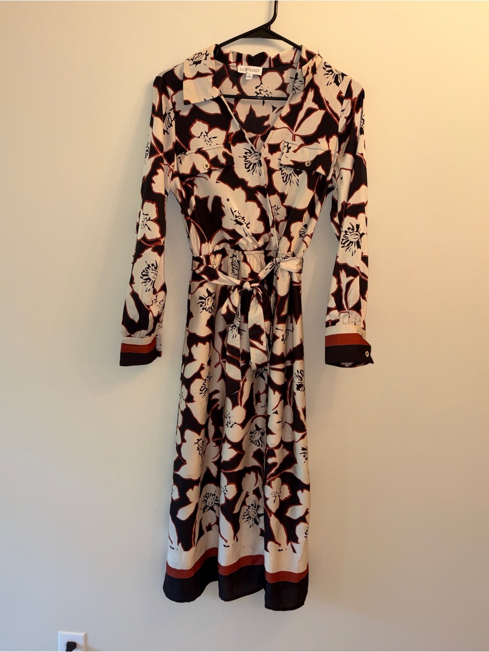 Luxology | Floral Long-Sleeve Tie-Waist Dress in Ivory and Brown